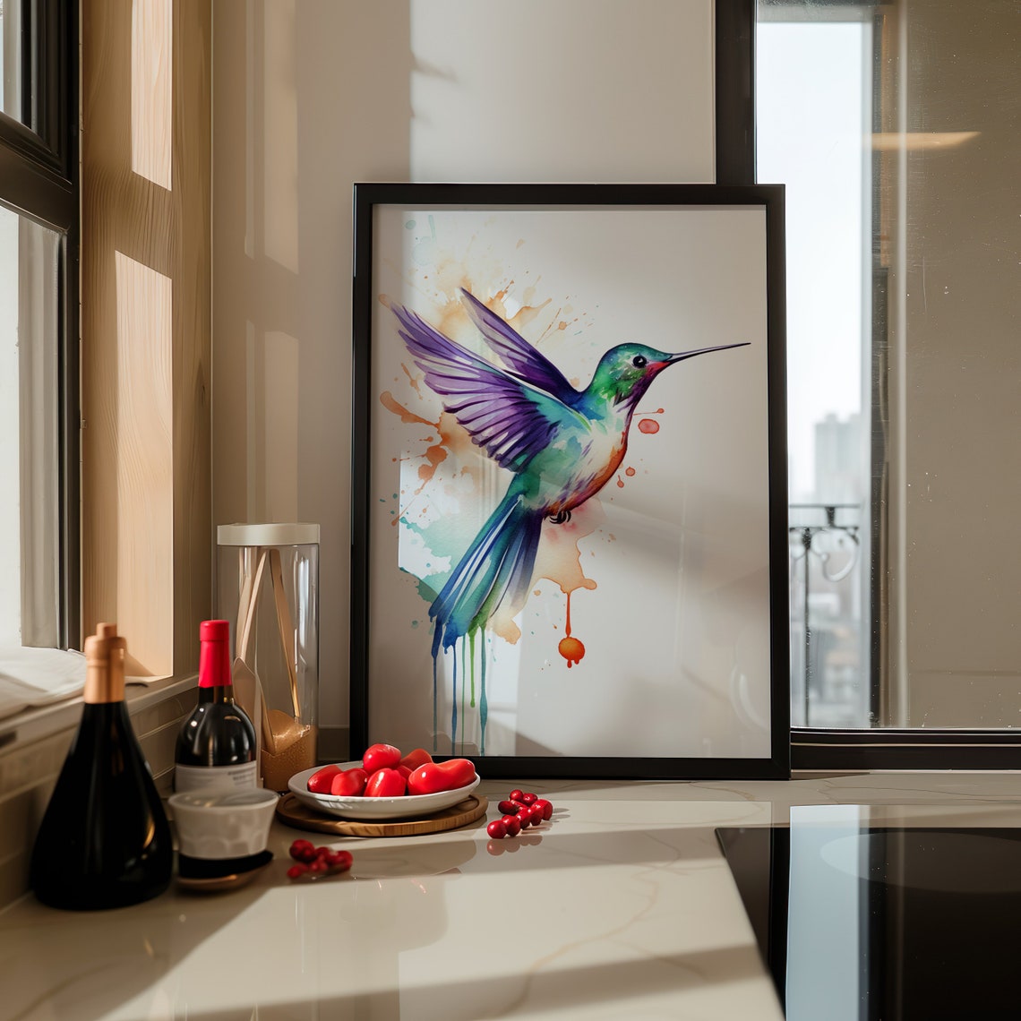 Vibrant Purple Hummingbird Watercolor Splash Flying Bird Art Poster - Image 3