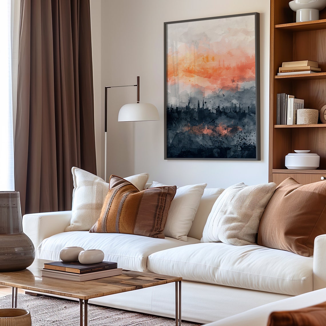 Dark City Skyline Watercolor Orange Sky Abstract Scene Poster - Image 3
