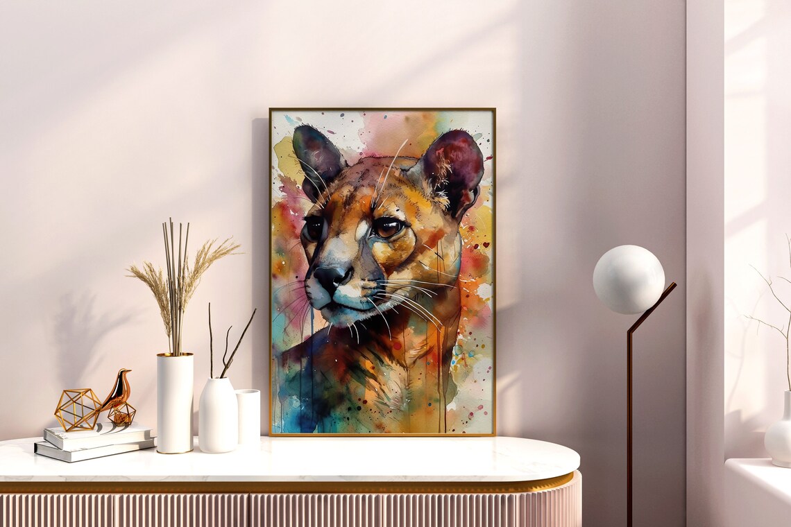 Cougar Colorful Watercolor Portrait Tawny Big Cat Splash Art Poster - Image 5