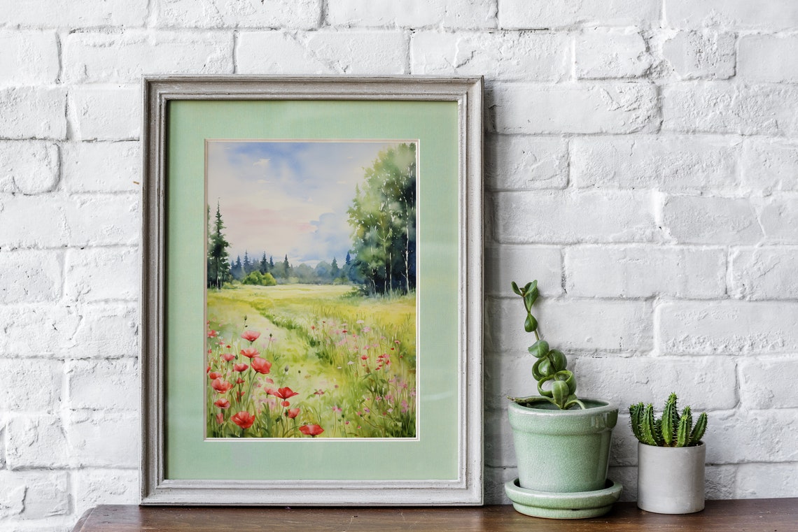 Red Poppy Meadow Watercolor Wildflower Field Spring Art Poster - Image 3