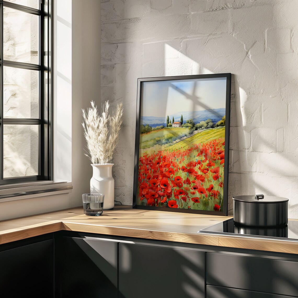 Red Poppy Field Watercolor Landscape Farmhouse Hills Art Poster - Image 3
