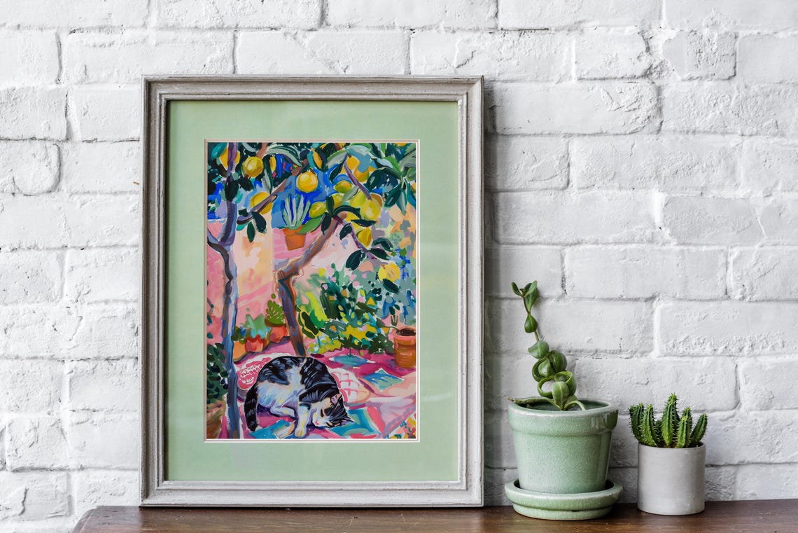 Sleeping Cat Lemon Tree Garden Colorful Painterly Cat Art Poster - Image 2