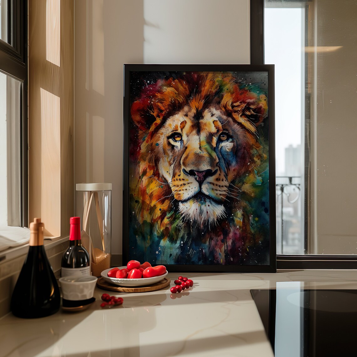 Lion Colorful Watercolor Portrait Fiery Mane Dark Splash Art Poster - Image 4