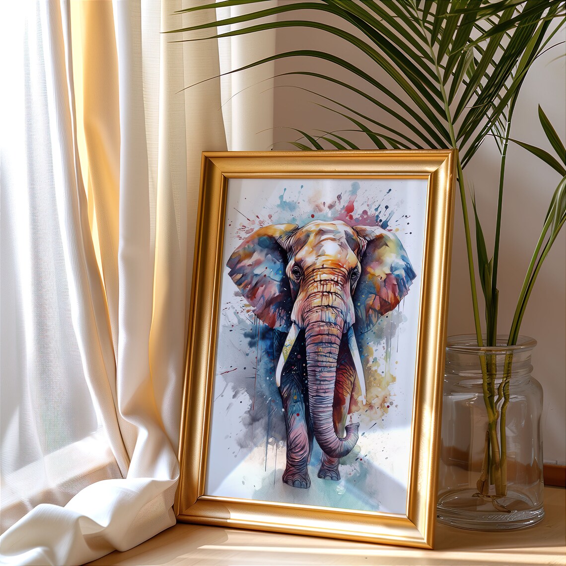 Colorful Elephant Face Watercolor Splash Wildlife Portrait Poster - Image 4