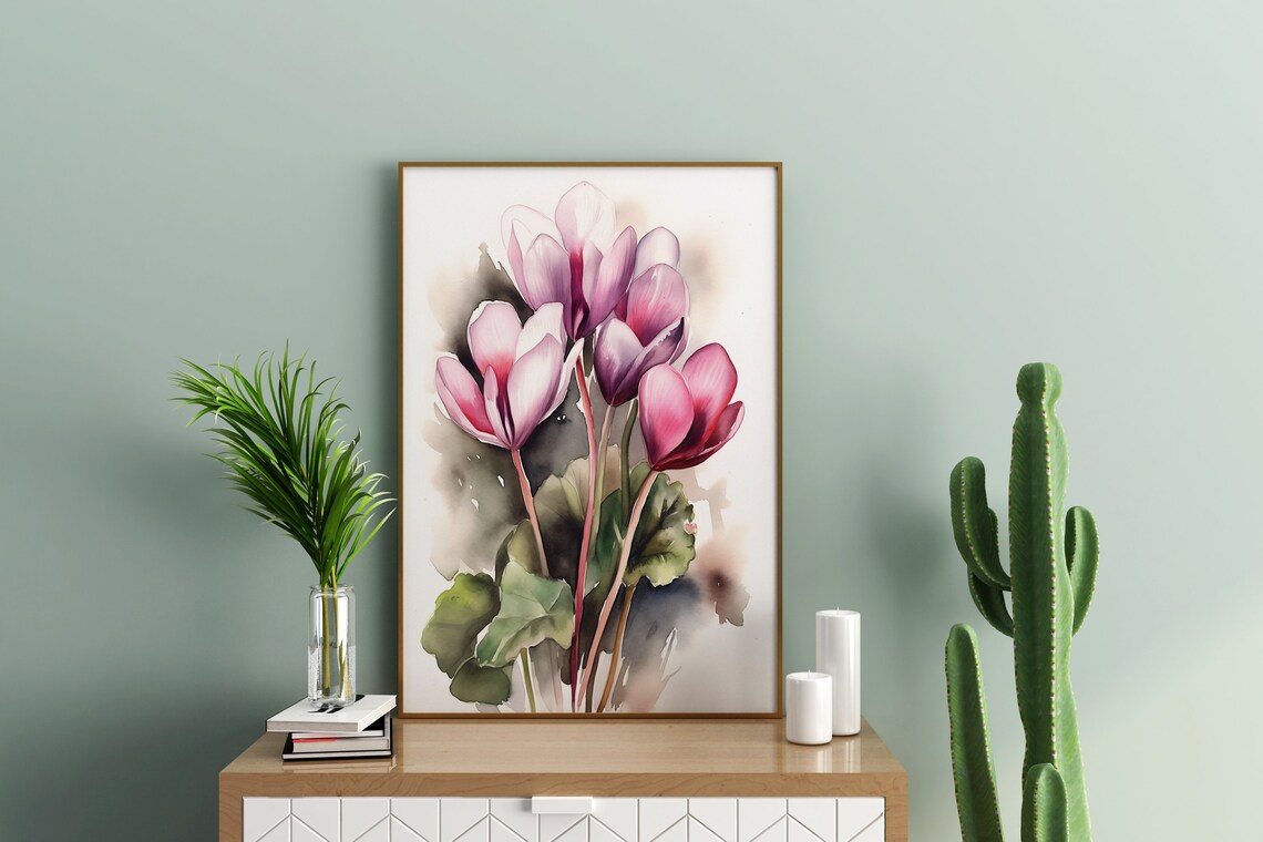 Pink Cyclamen Flower Blooms Soft Watercolor Botanical Wall Art - Image 5
