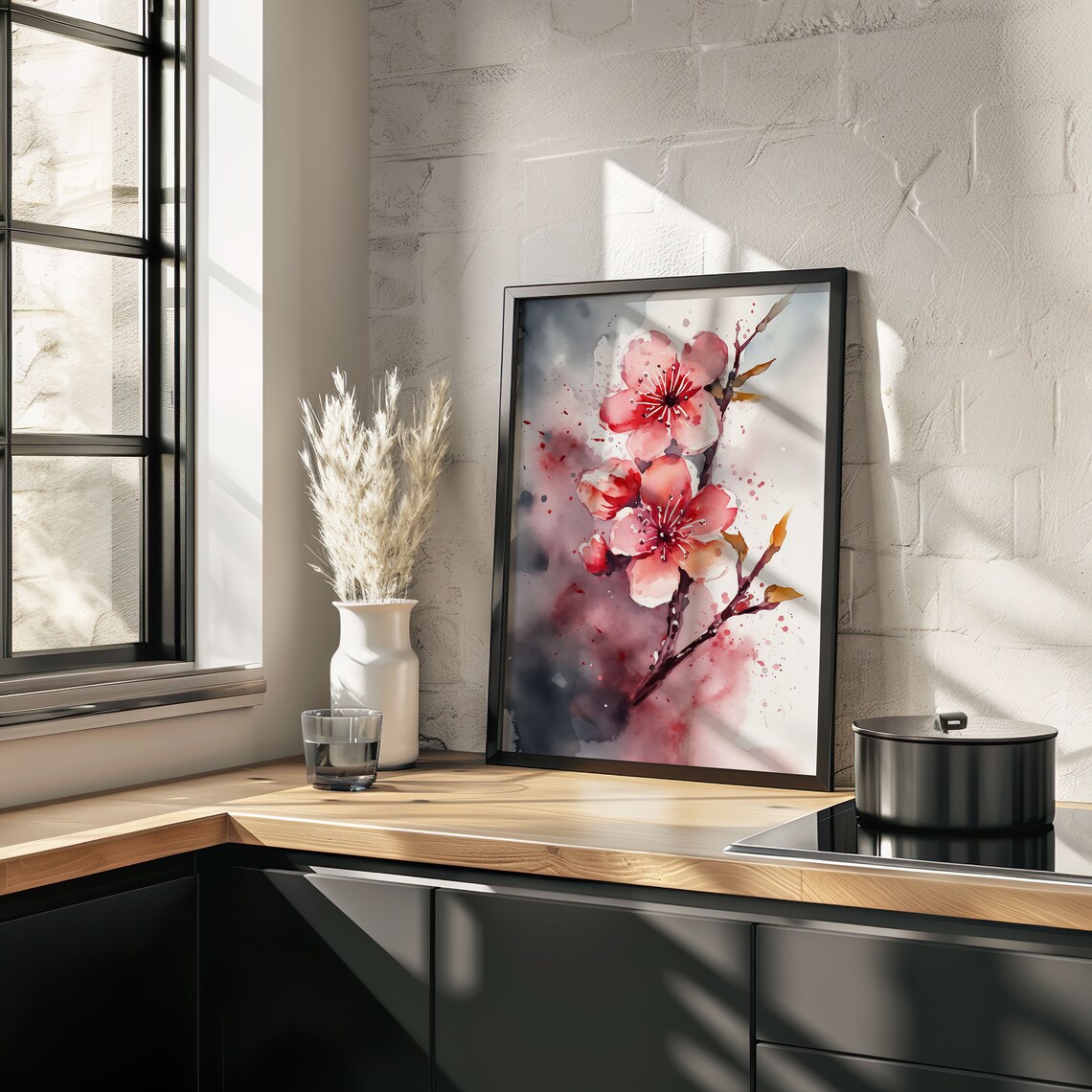 Coral Cherry Blossom Branch Watercolor Moody Dark Floral Poster - Image 3
