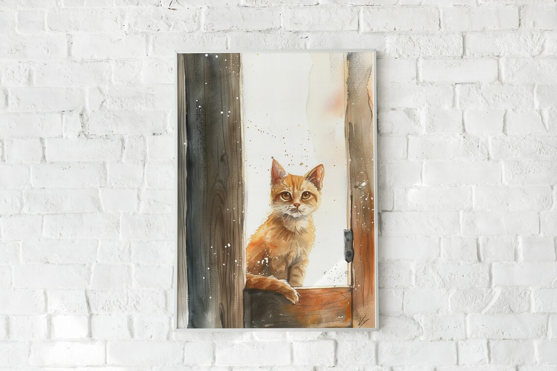 Cute Orange Kitten In Doorway Watercolor Cat Painting Poster - Image 3