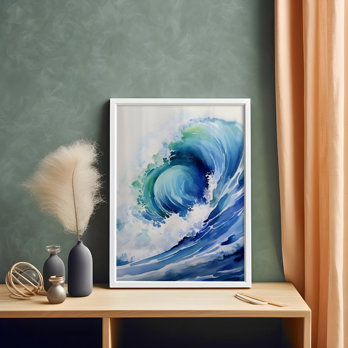 Breaking Ocean Wave Watercolor Blue Swirl Surfing Decor Poster - Image 3