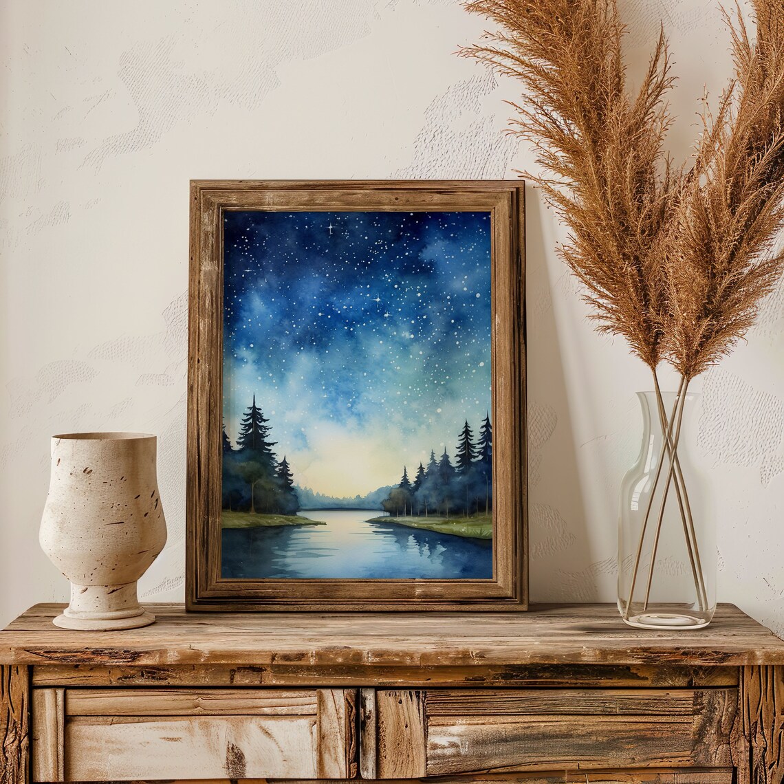 Starry Night Sky Lake Watercolor Painting Poster with Pine Trees - Image 5