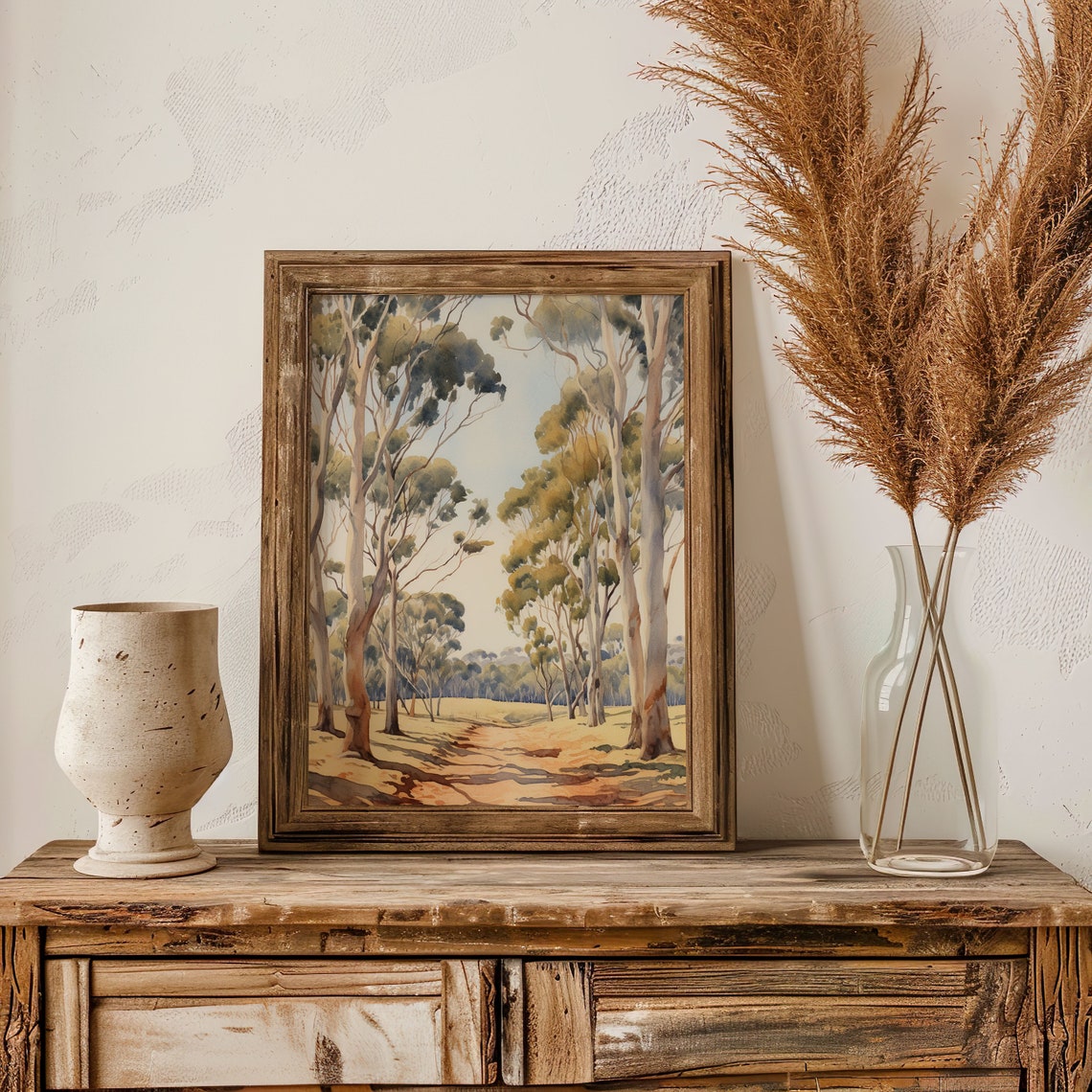 Eucalyptus Trees Watercolor Sunlit Grove Path Golden Scene Poster - Image 4