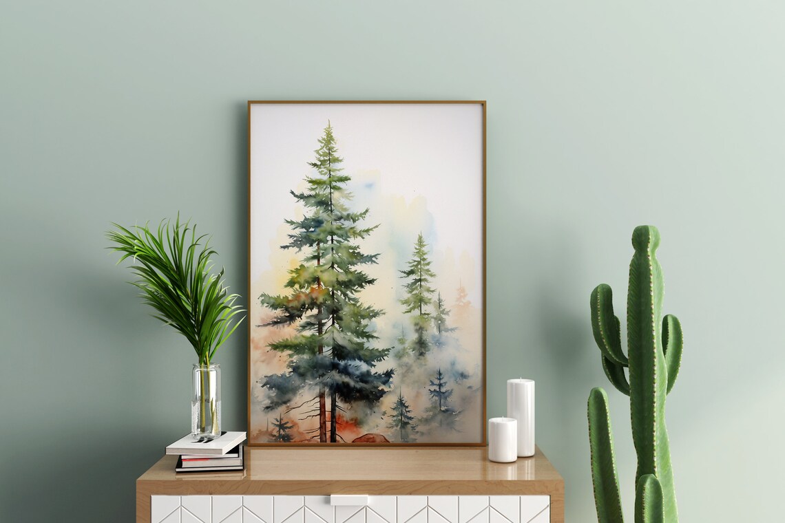 Tall Pines Golden Mist Watercolor Forest Dawn Woodland Art Poster - Image 3
