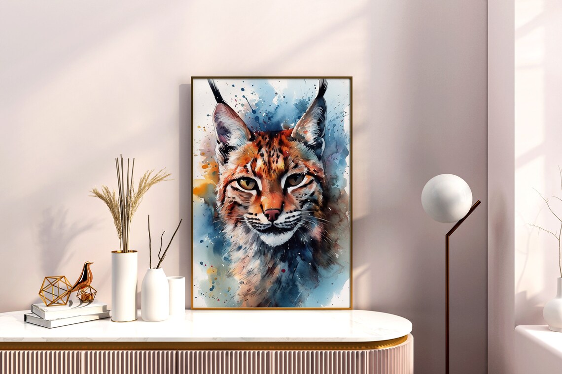 Lynx Wild Cat Face Watercolor Splash Feline Portrait Art Poster - Image 3