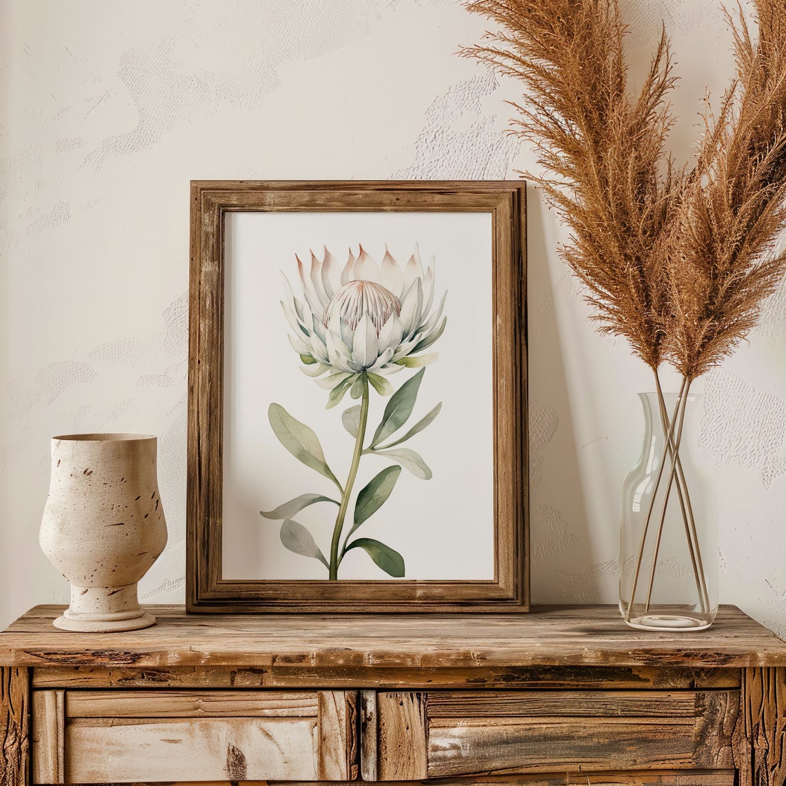 Single White King Protea Bloom Watercolor Botanical Study Poster - Image 5