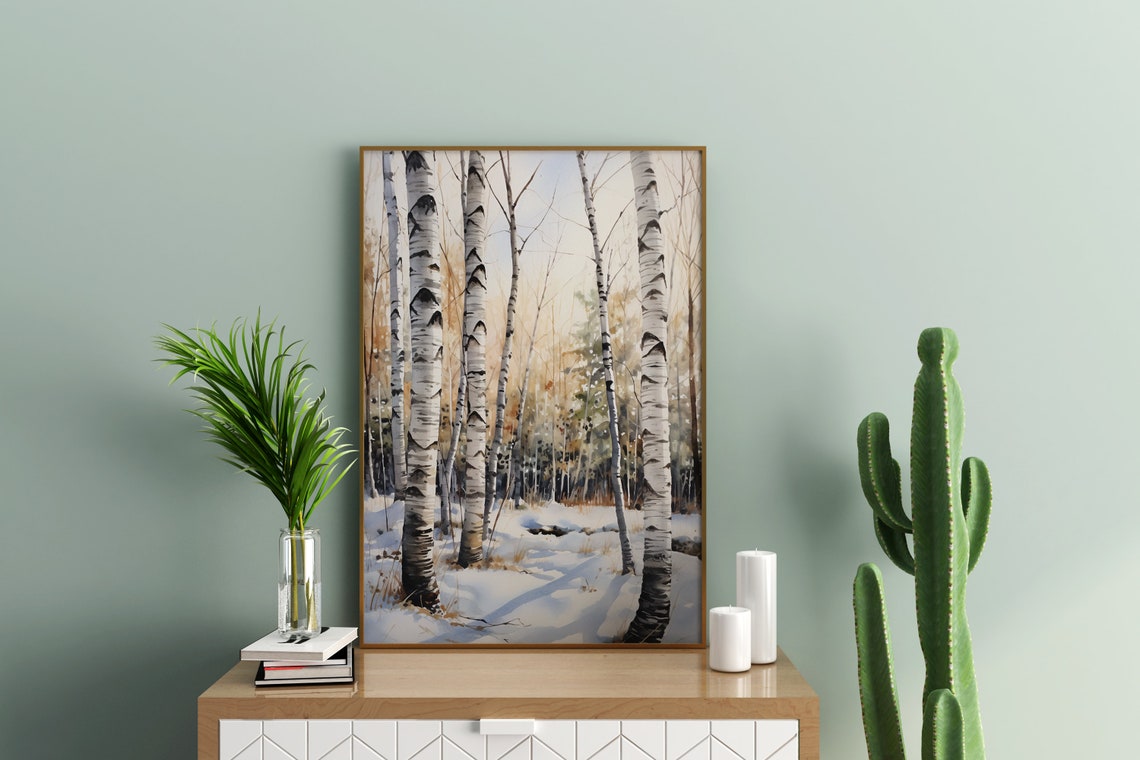 Snowy Birch Trees Watercolor Golden Winter Forest Scene Poster - Image 3