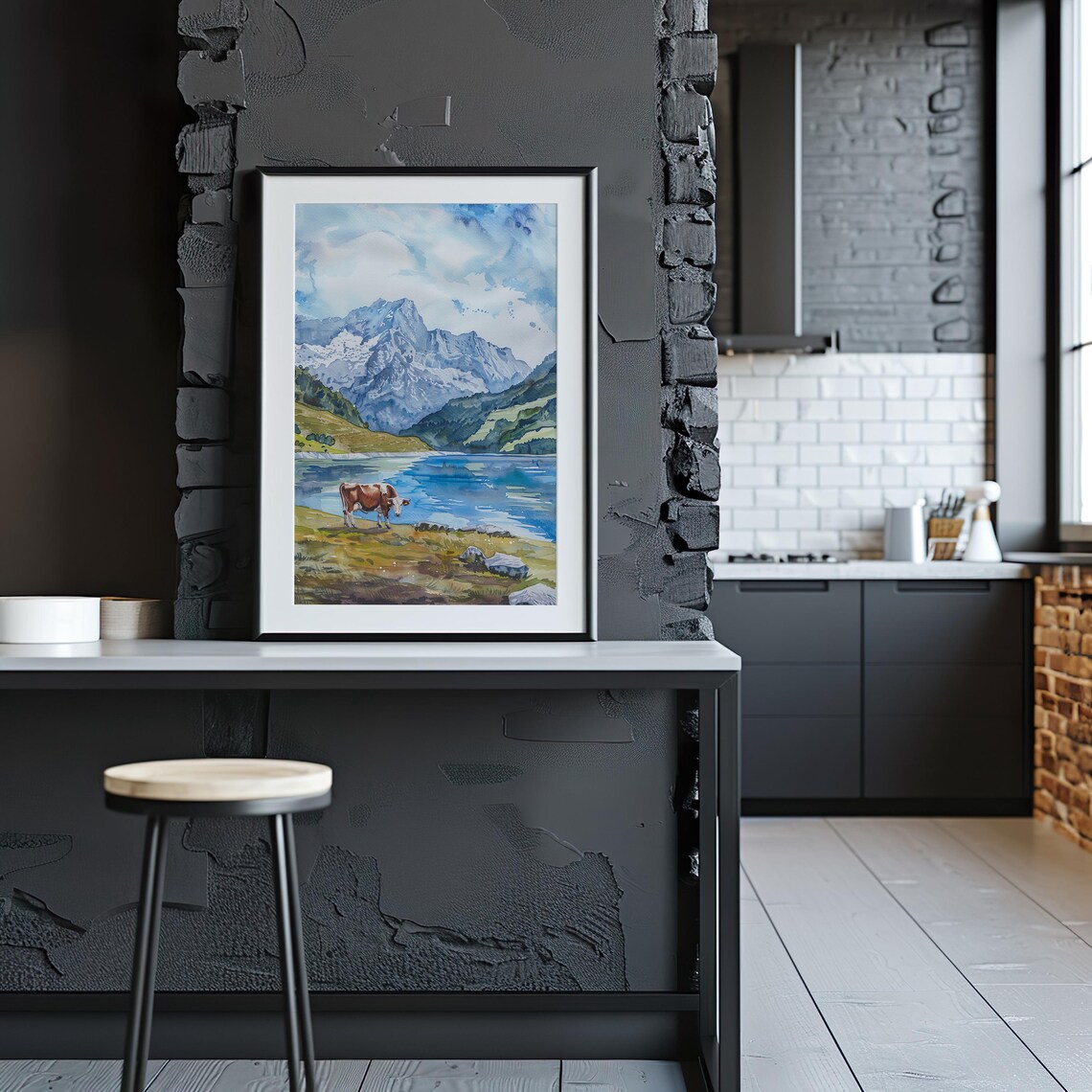 Alpine Lake Cow Watercolor Mountain Landscape Scenic Art Poster - Image 2