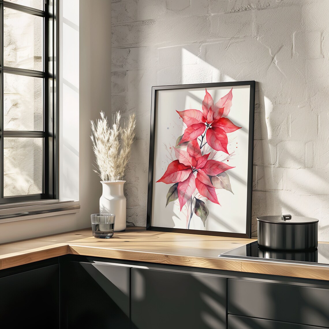 Pink Poinsettia Blossoms Watercolor Festive Botanical Art Poster - Image 5