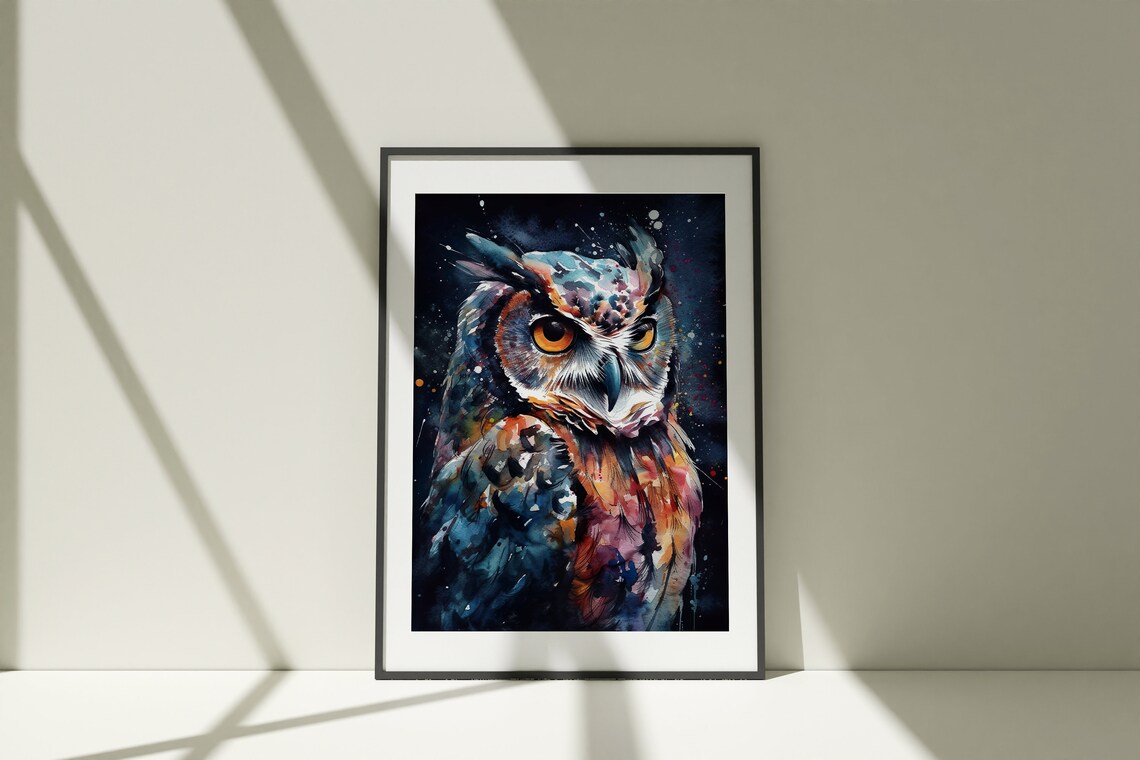 Owl Watercolor Portrait Night Sky Dark Moody Wildlife Art Poster - Image 4