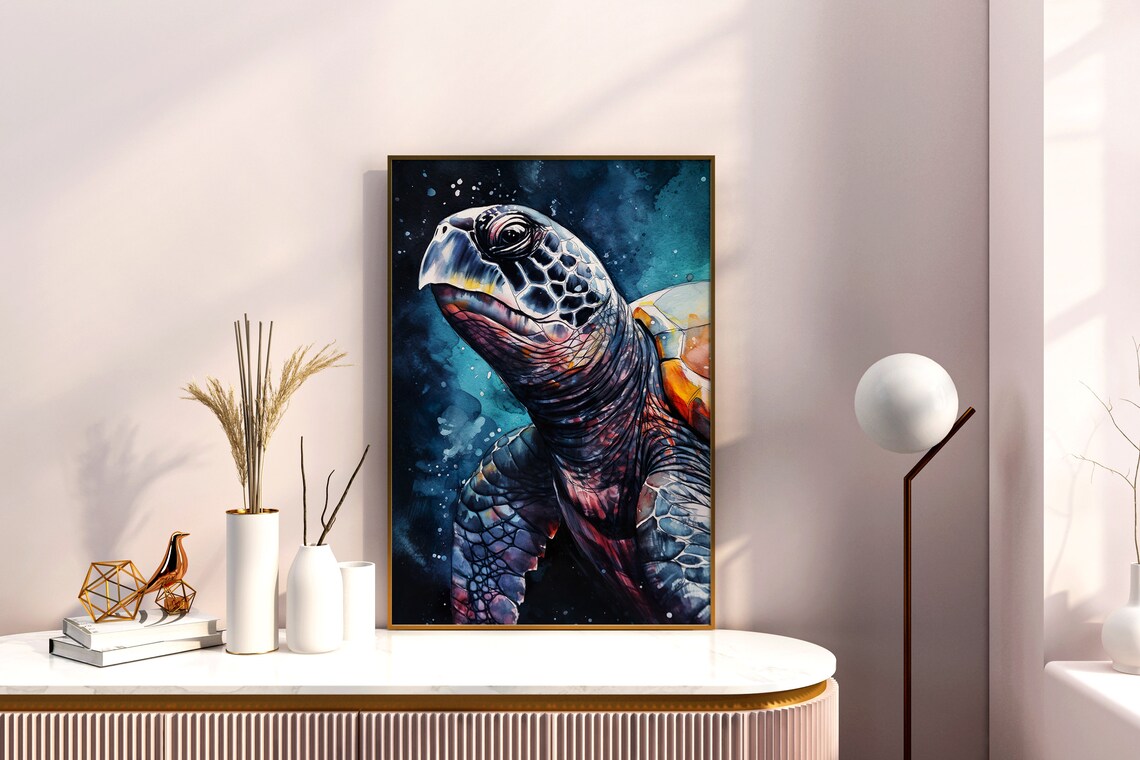 Sea Turtle Watercolor Portrait Deep Blue Ocean Animal Art Poster - Image 3