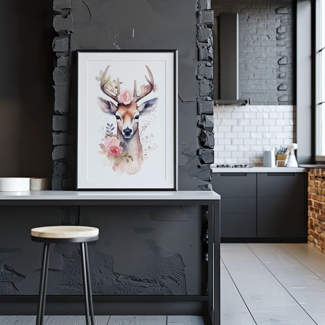 Deer With Antlers Pink Roses Watercolor Woodland Animal Poster - Image 3