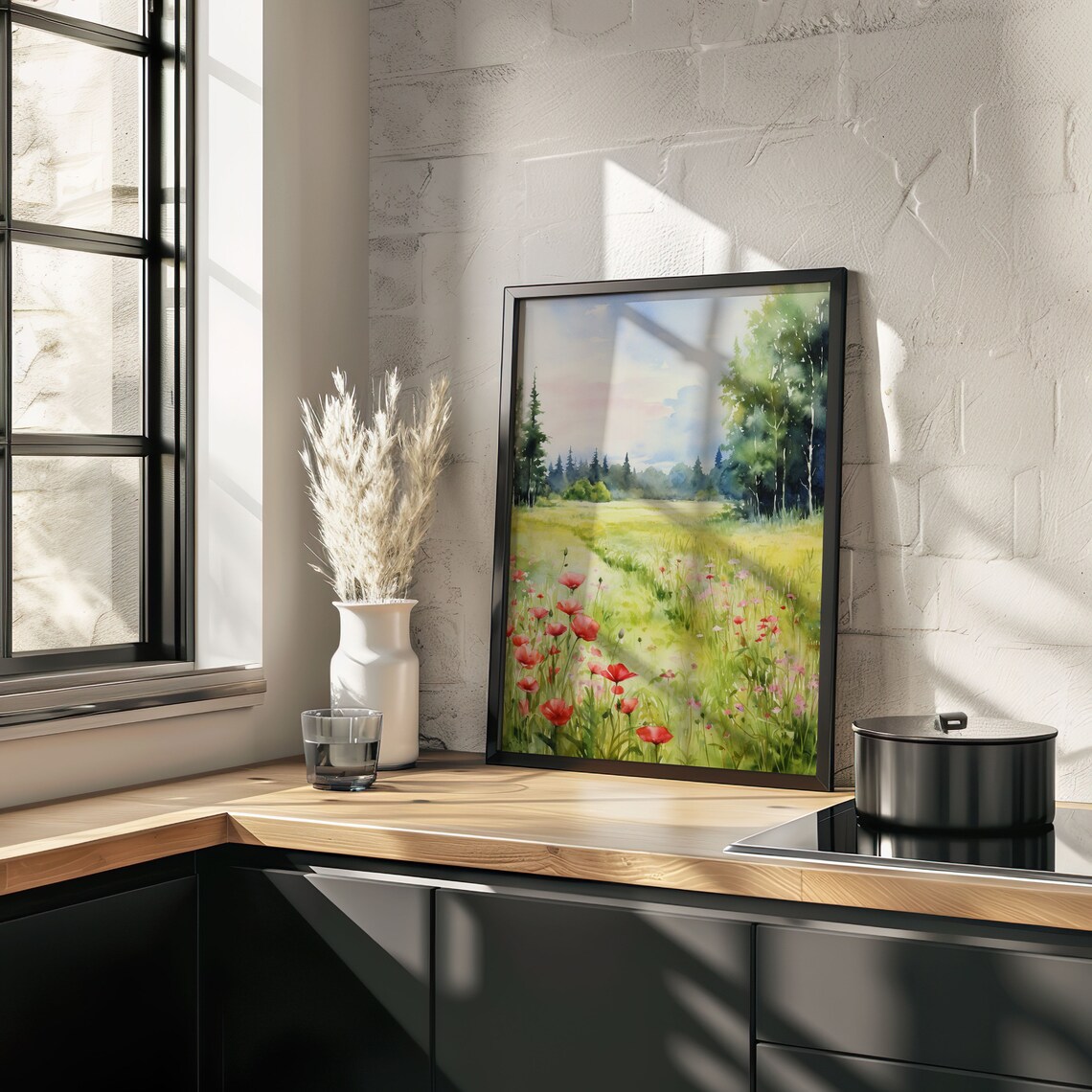 Red Poppy Meadow Watercolor Wildflower Field Spring Art Poster - Image 2