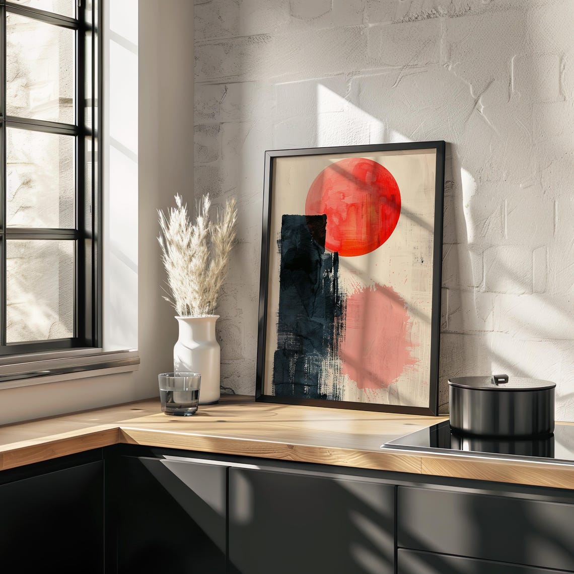 Red Sun Abstract Boho Watercolor Art Print with Black and Blush Blocks - Image 2