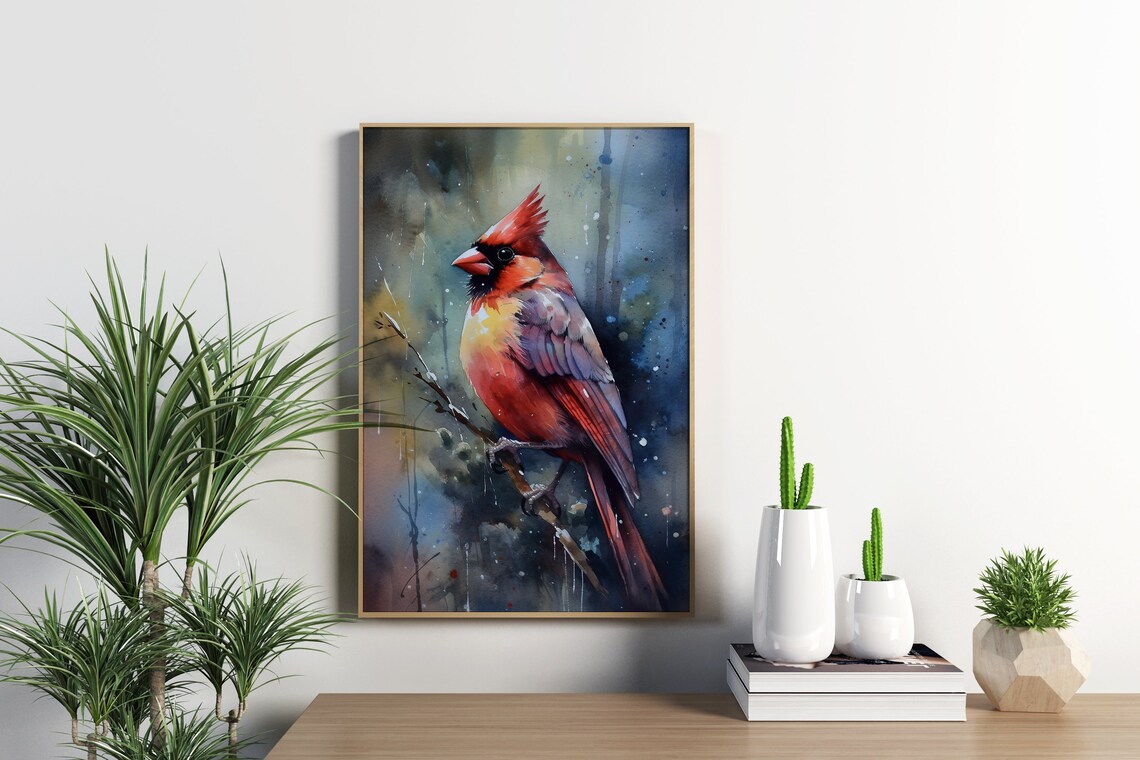Red Cardinal Bird Watercolor Perched Winter Songbird Art Poster - Image 5