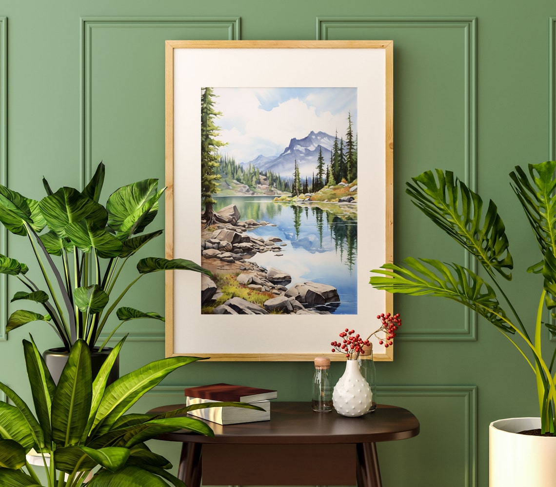 Green Pine Mountain Lake Rocky Shore Summer Watercolor Art Poster - Image 4