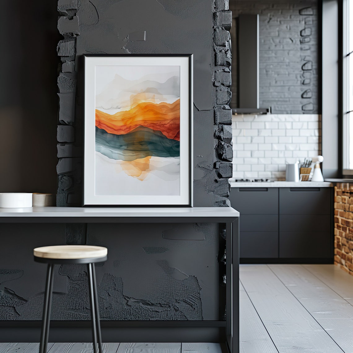 Abstract Layered Landscape Watercolor Orange Teal Modern Art Poster - Image 2
