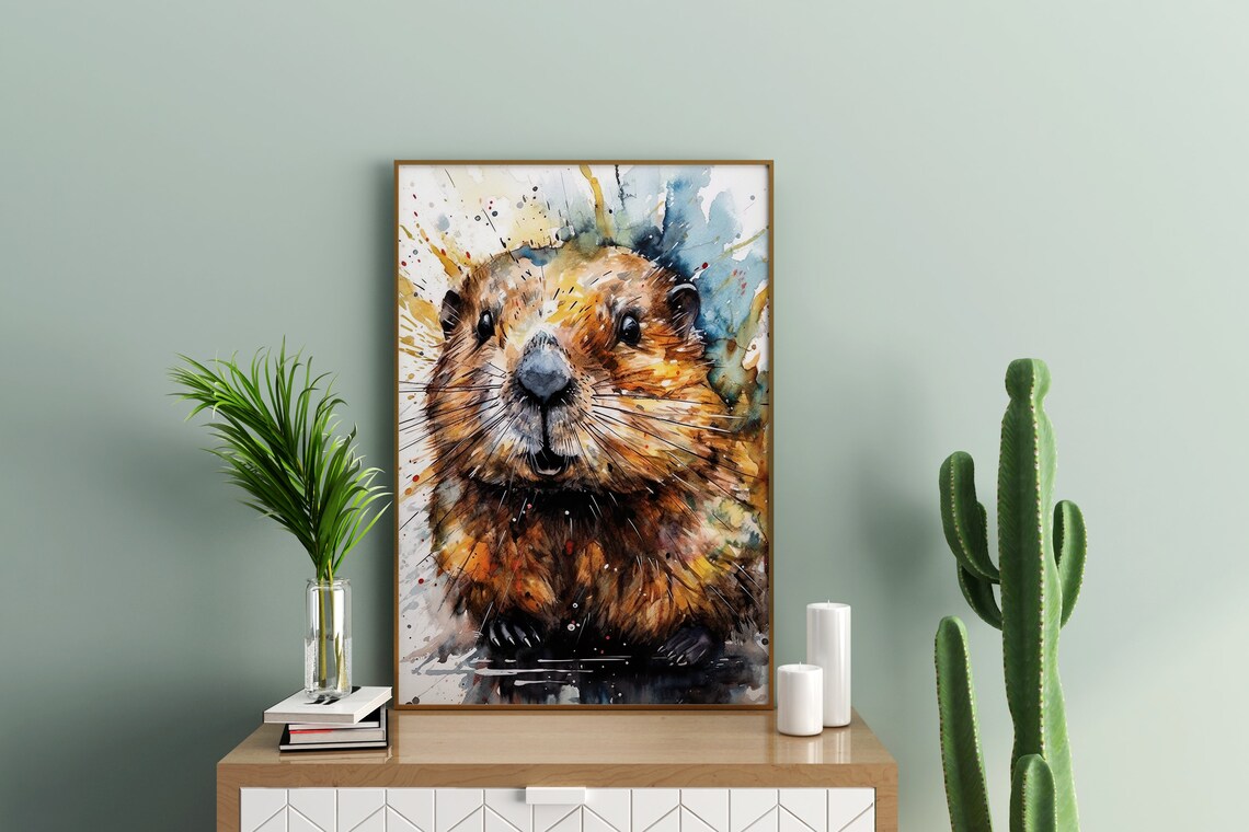 Beaver Watercolor Portrait Cheerful Woodland Splash Art Poster - Image 3