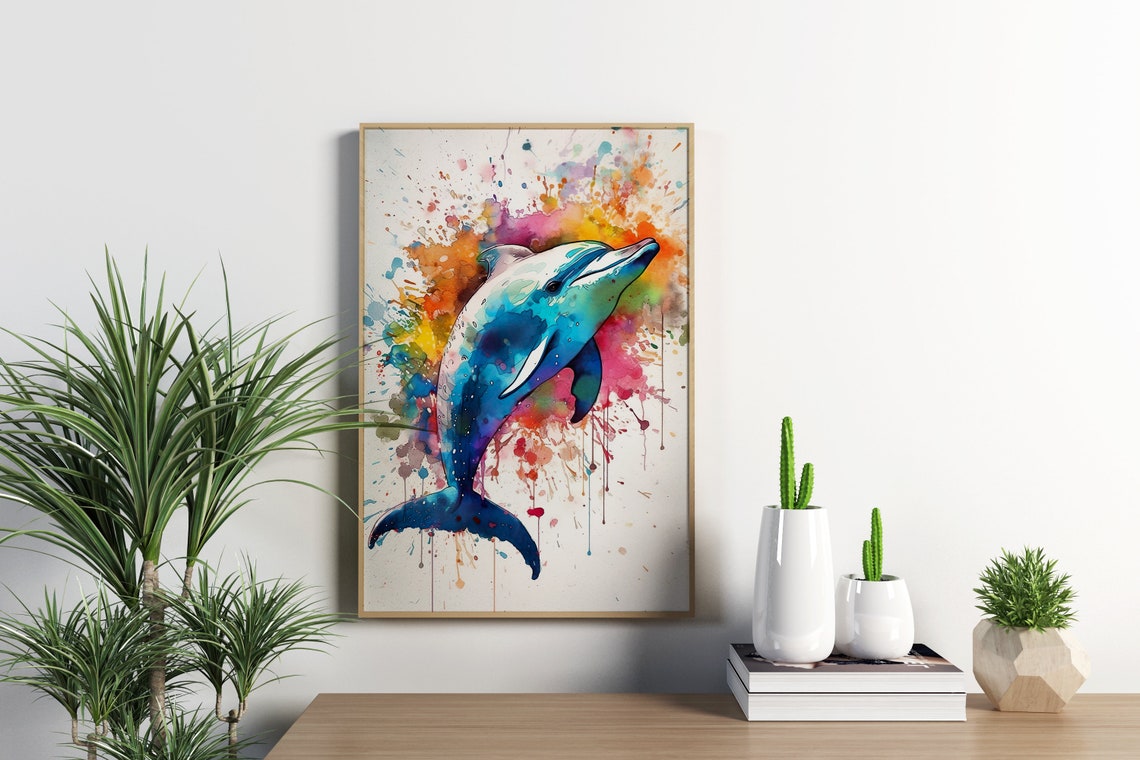 Leaping Dolphin Watercolor Portrait Blue Ocean Splash Art Poster - Image 4
