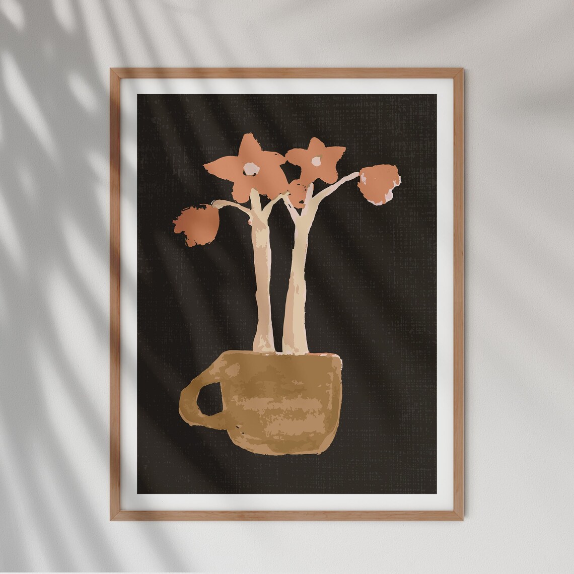 Terracotta Blossom Bouquet in a Cup on Dark Brown Botanical Poster