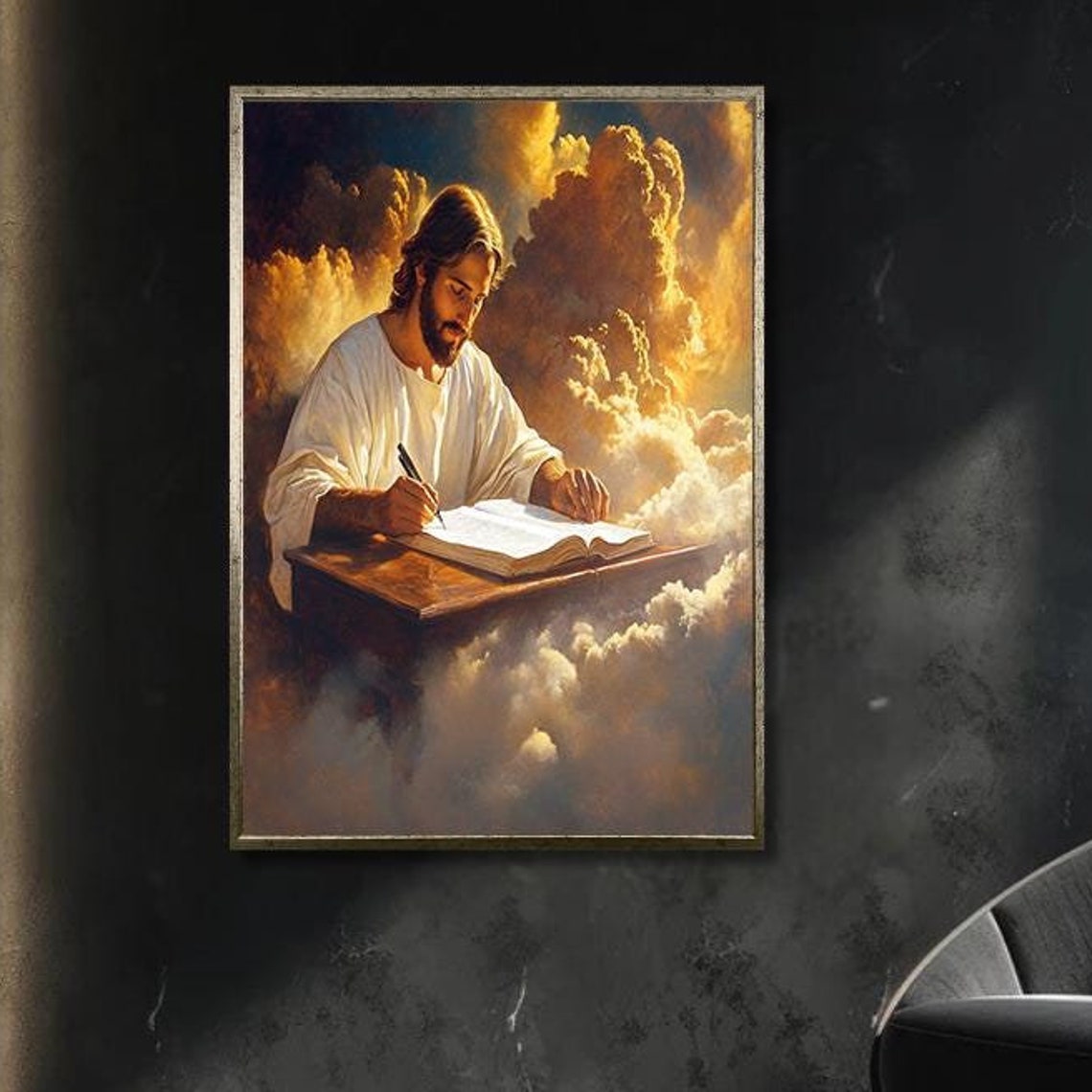 Jesus Writing In The Book Of Life Among Golden Clouds Poster