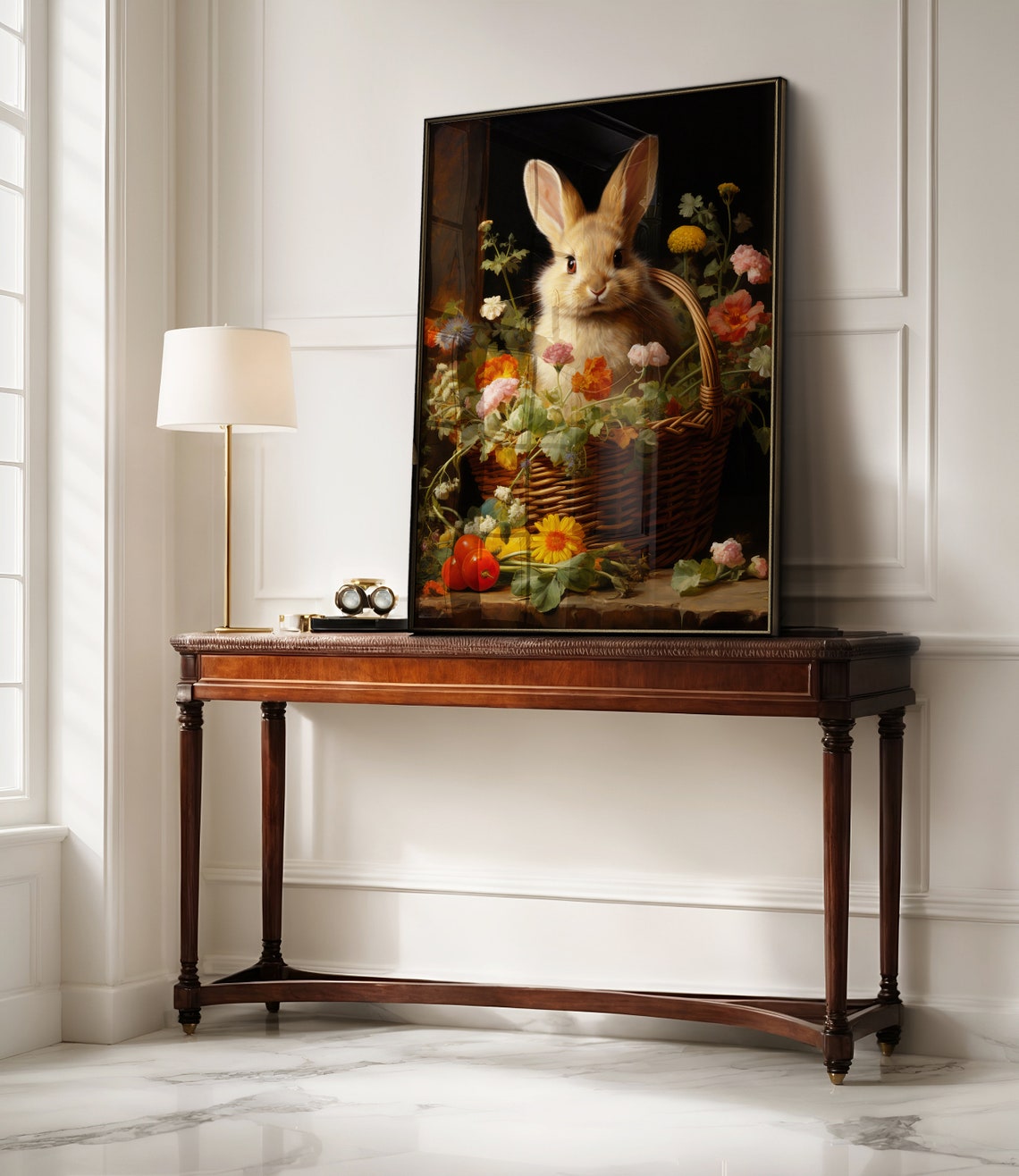 Golden Bunny In Flower Basket With Strawberries Vintage Art Poster - Image 3