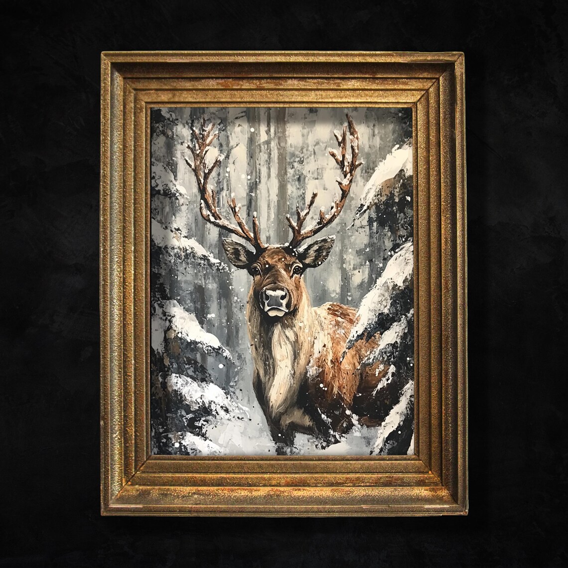 Majestic Stag In Snowy Winter Forest Moody Vintage Wildlife Poster