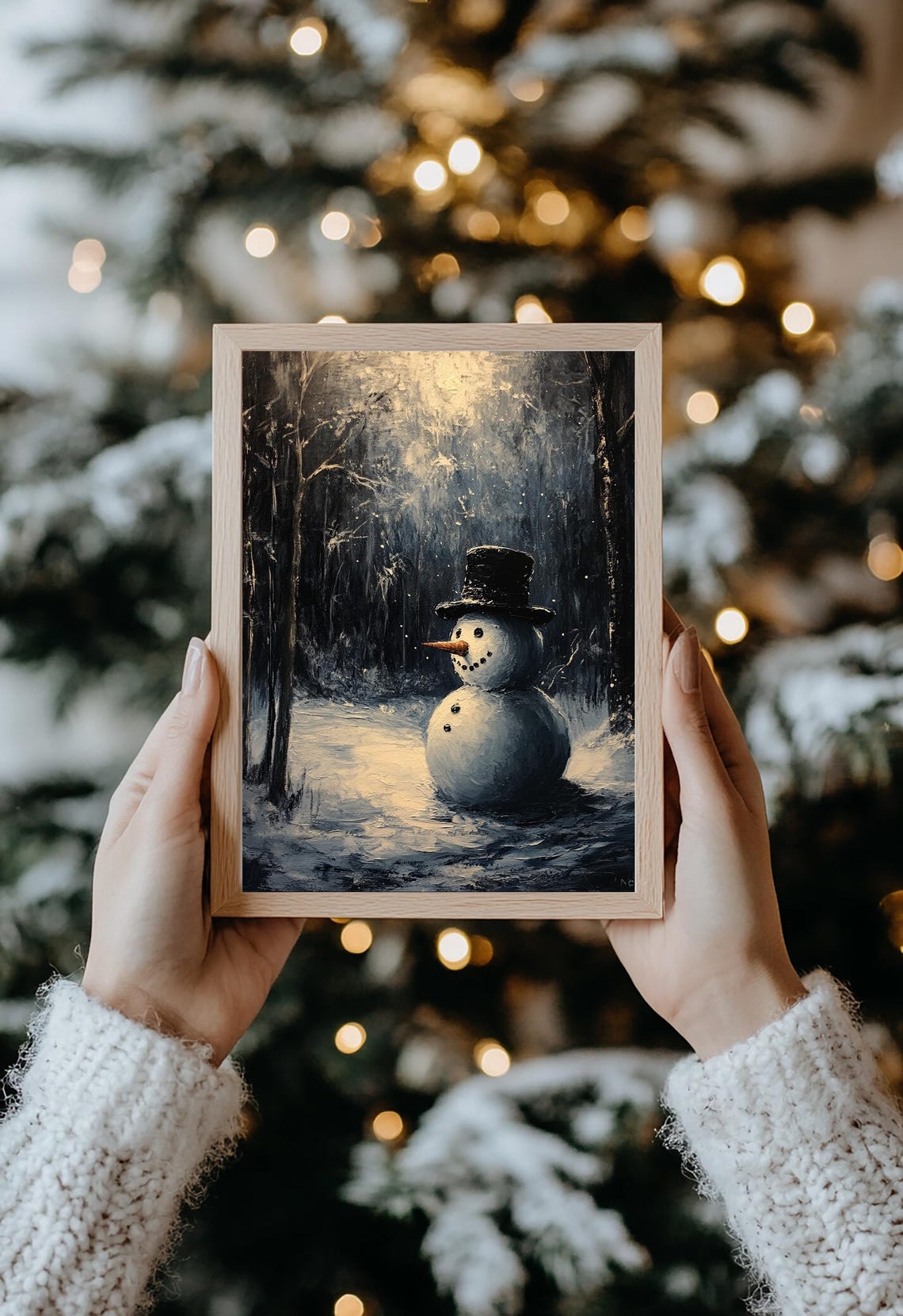 Charming Snowman With Top Hat In Snowy Night Forest Art Poster - Image 2