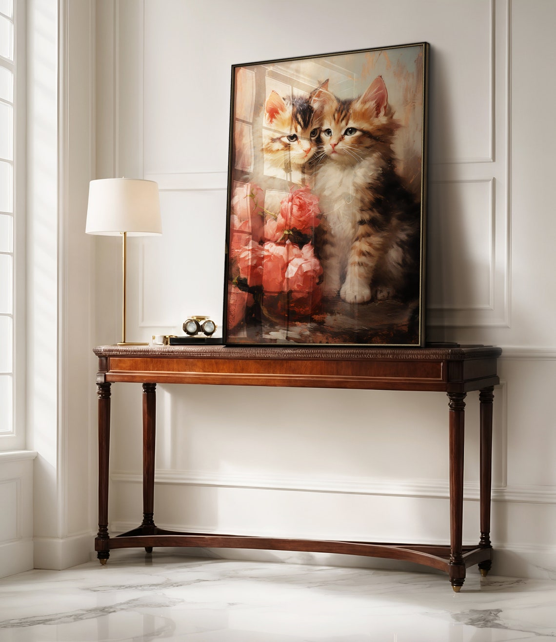 Sweet Tabby Kittens With Pink Roses Vintage Style Cat Art Poster - Image 3