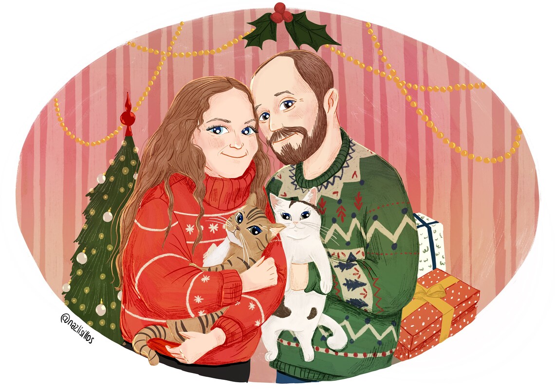 Family Baby and Three Cats Custom Illustrated Portrait Print - Image 2