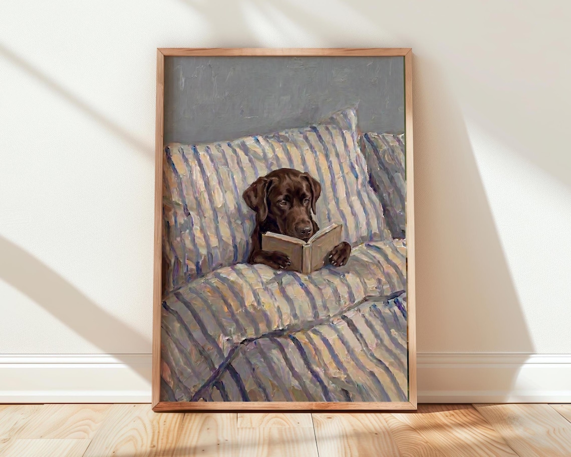 Chocolate Labrador Reading Book In Bed Print Funny Dog Painterly Room Decor