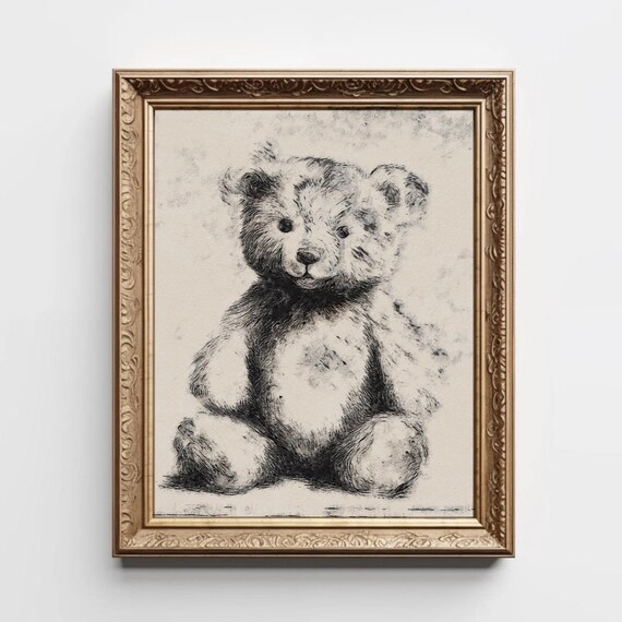 Cute Vintage Teddy Bear Sketch Neutral Nursery Pencil Art Print