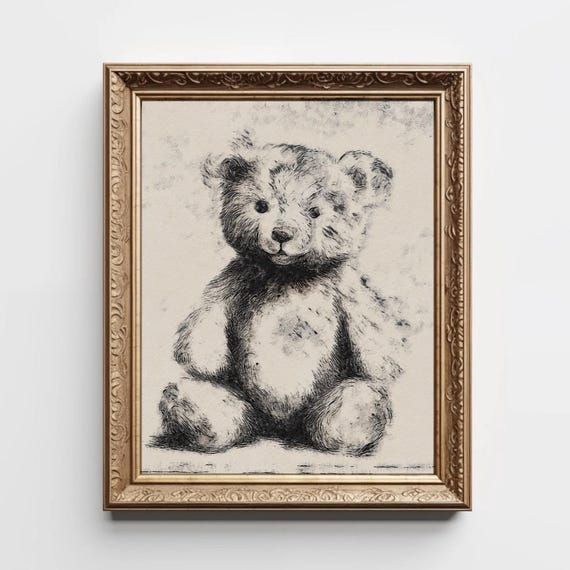 Vintage Teddy Bear Sketch Print Neutral Nursery Art