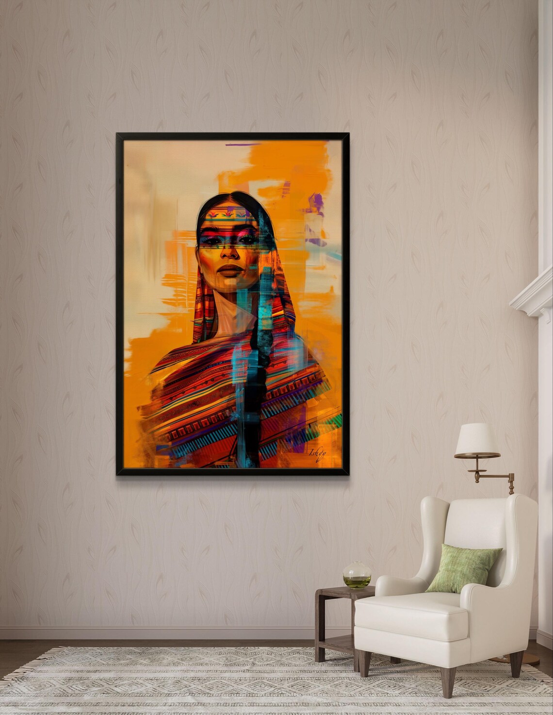 Mexican Woman Portrait in Serape Shawl Folk Art Painting Poster - Image 3