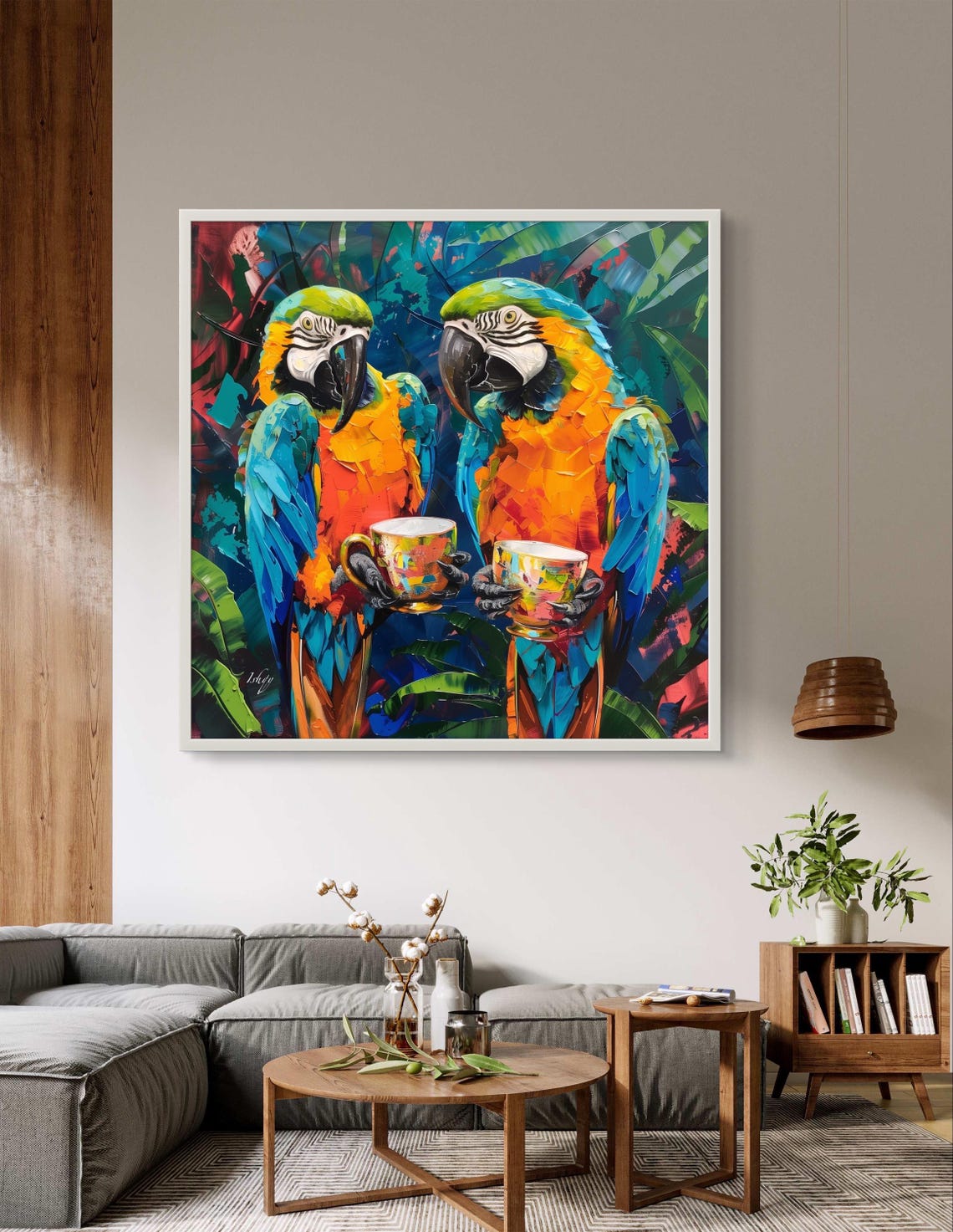Two Macaw Parrots Drinking Tea Tropical Whimsical Bird Poster - Image 3