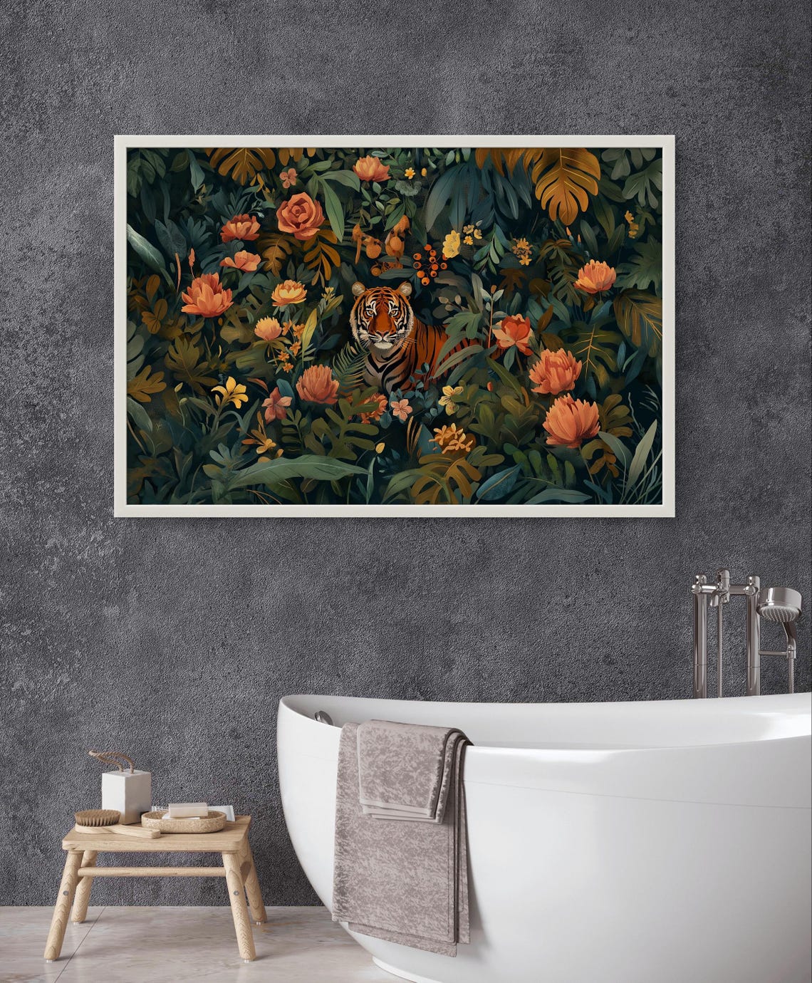 Tiger Peeking Through Dark Floral Jungle Orange Blooms Art Poster - Image 3
