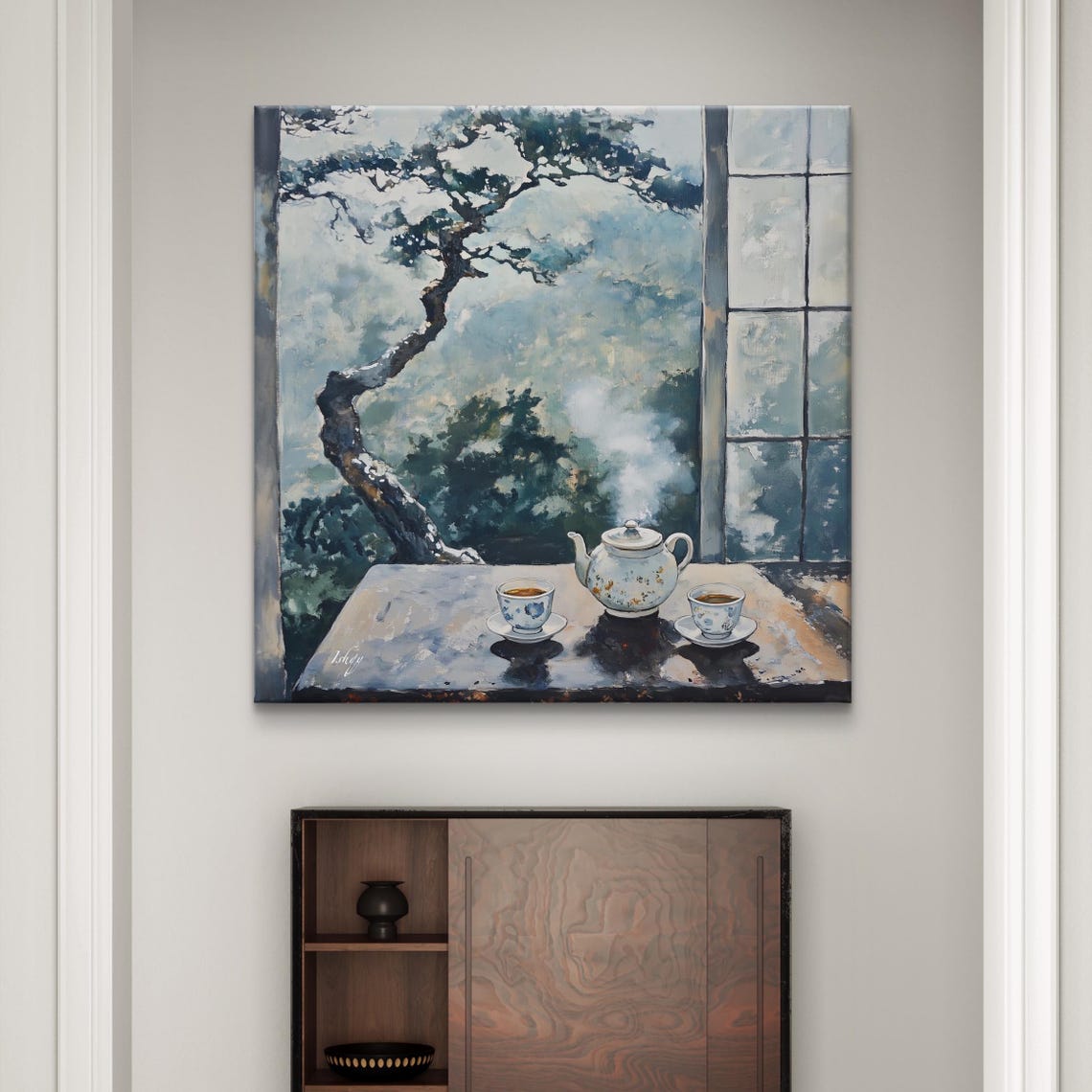 Serene Tea Time by the Window Pine Tree Mountain View Poster - Image 7