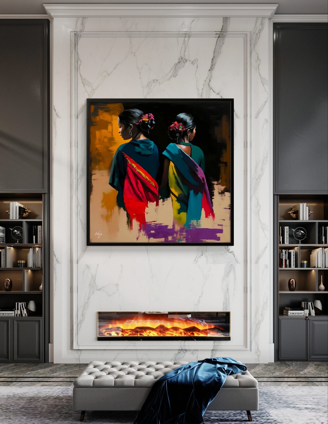 Two Women in Colorful Saris Walking Away in a Painting Poster - Image 3