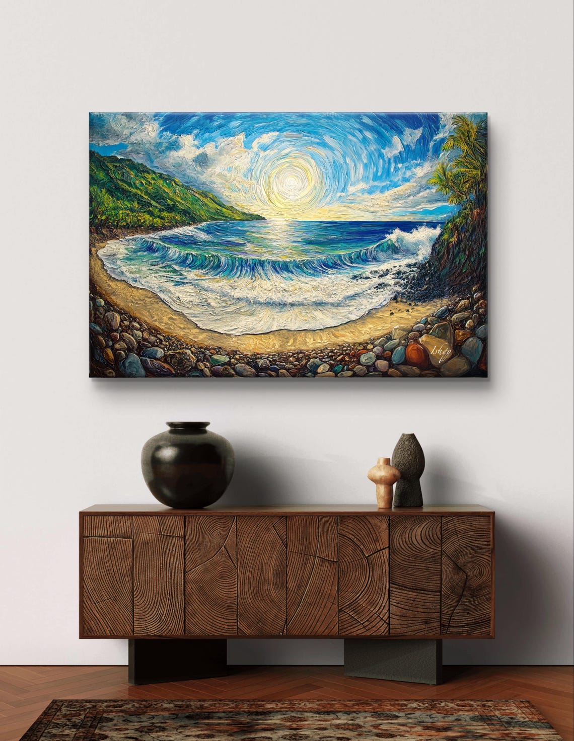 El Sunzal Beach Swirling Sun Over Ocean Waves Painting Poster - Image 7