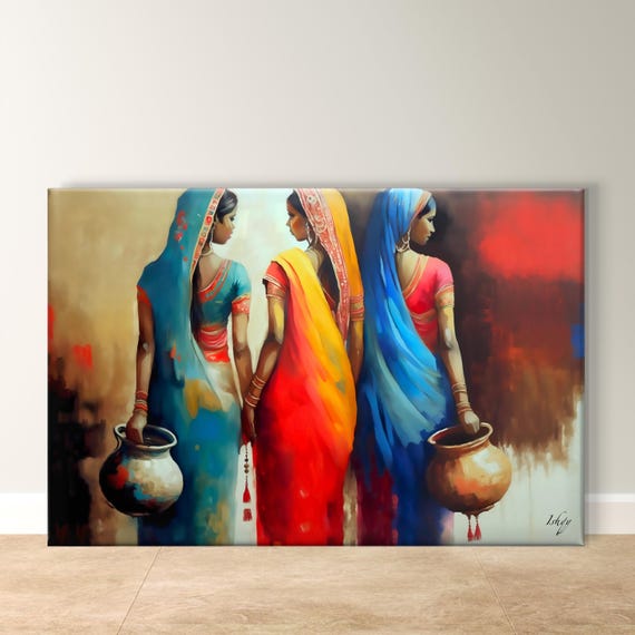 Indian Women Art Oil Painting Print Framed Art Home Decor Unique Art Living Room Bedroom Indian Wall Decor Poster Gift