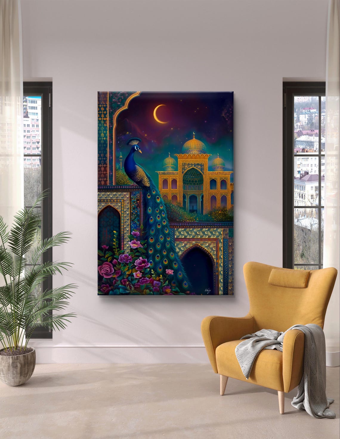 Peacock on Moonlit Indian Palace Crescent Night Royal Poster - Image 5