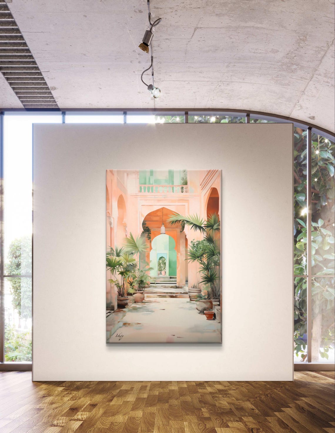 Peach Courtyard with Arched Corridor and Palm Plants Art Poster - Image 6