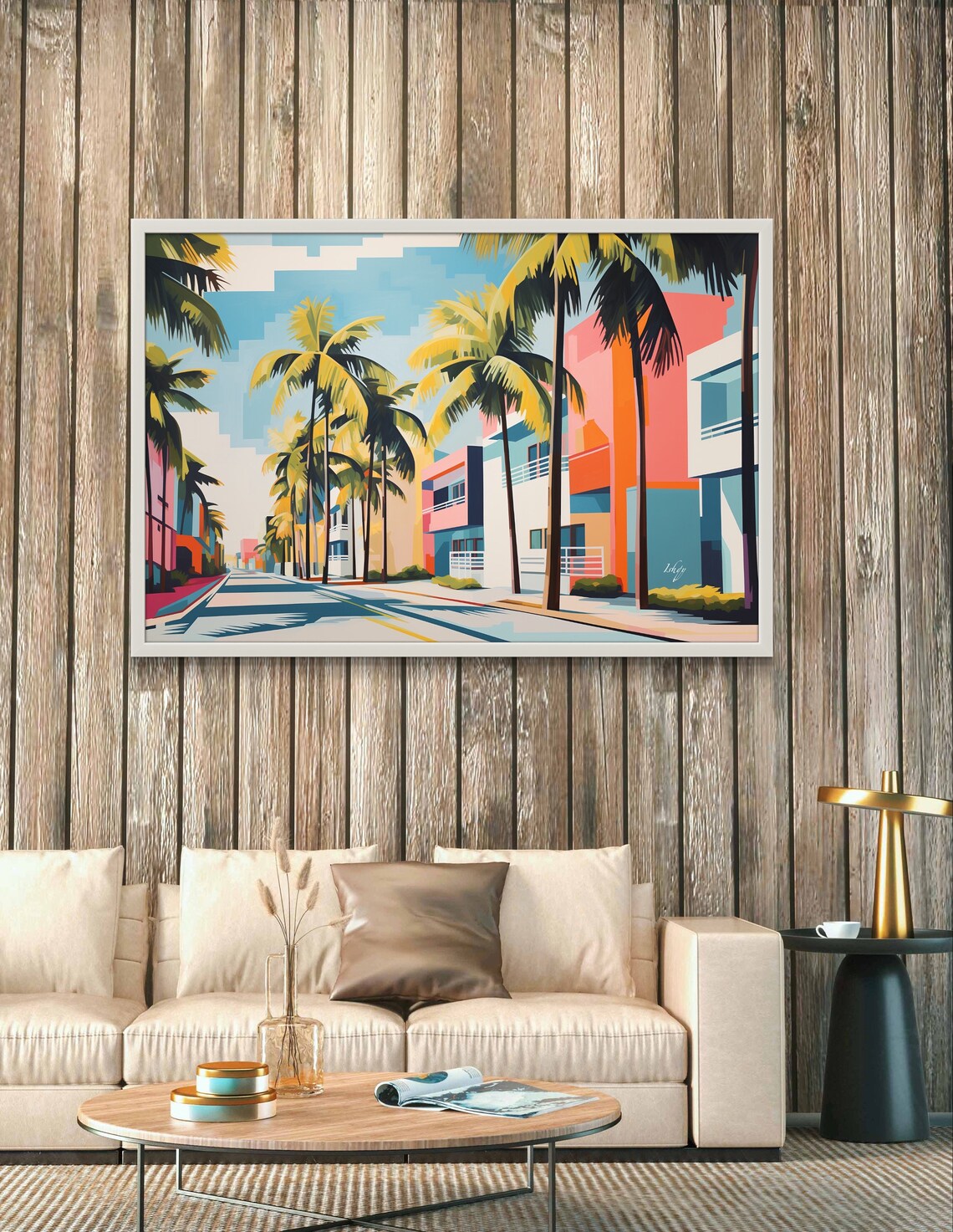 Miami Geometric Street Scene with Palms and Bold Faceted Color Poster - Image 4